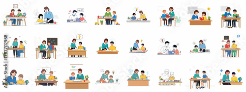 Educational illustrations set featuring private tutoring, homework assistance, and school learning sessions between adult teachers and young students.