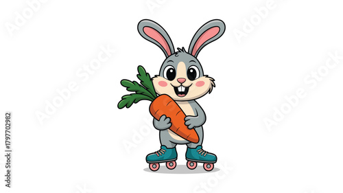Cartoon Rabbit in Roller Skates Holding a Carrot on White Background bunny animal