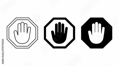 Stop hand sign icon set in various styles representing prohibition, warning, and denial, isolated on white background