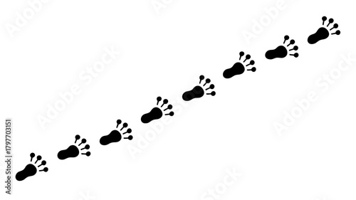 Trail of black stylized animal paw prints ascending diagonally, showcasing movement, direction, and progression on a clean, isolated white background vector illustration.