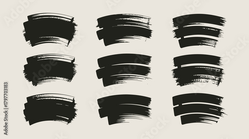 Black ink grunge artistic brush strokes vector set. various textured paint smears and artistic brushstroke elements isolated.