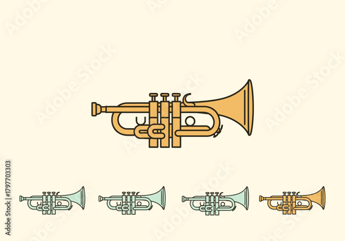 Illustration of four cartoon trumpets one large and three small variants
