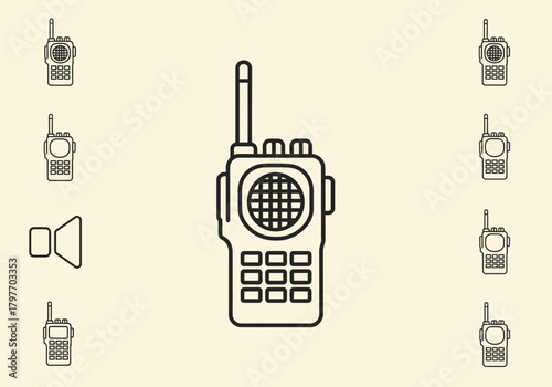 Line art icons of walkietalkies and a speaker symbol on a light background