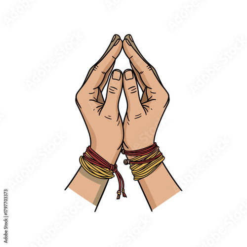 Hands with sacred thread (Moli) in prayer position, concept of Ganga Sagar Mela  