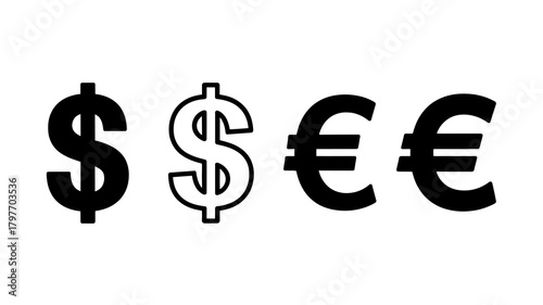 International currency symbols: solid and outlined dollar and euro signs representing global finance and economics.