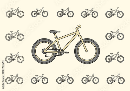 Pattern of bicycles featuring a large central fat bike illustration on a pale background