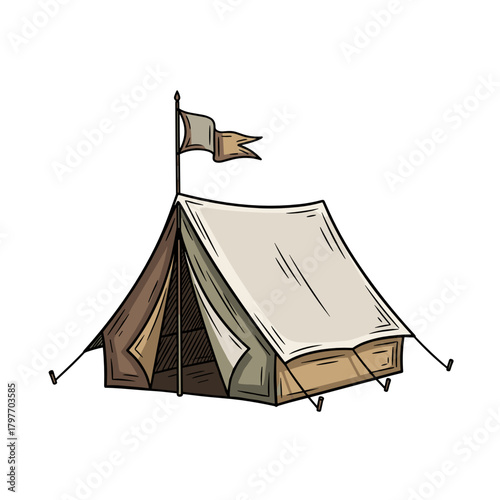 Temporary camping tent with a flag in a traditional style for Ganga Sagar Mela  