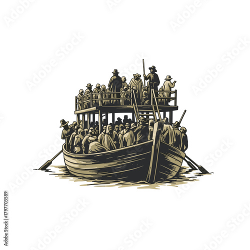 Crowded ferry boat with pilgrims on river during Ganga Sagar Mela  