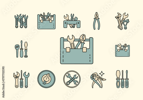 Set of 12 light blue and tan lineart icons depicting various hand tools and toolboxes