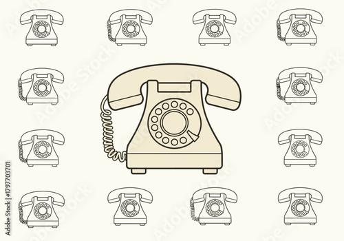 Vintage rotary phones arranged around a large central phone