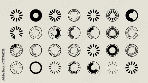 Collection of diverse modern flat loading indicators and progress spinners for user interface design and web development projects