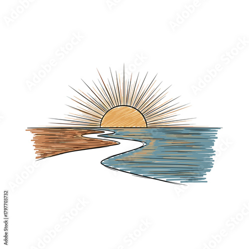 Stylized sun rising over the confluence of river and sea concept of Ganga Sagar Mela  