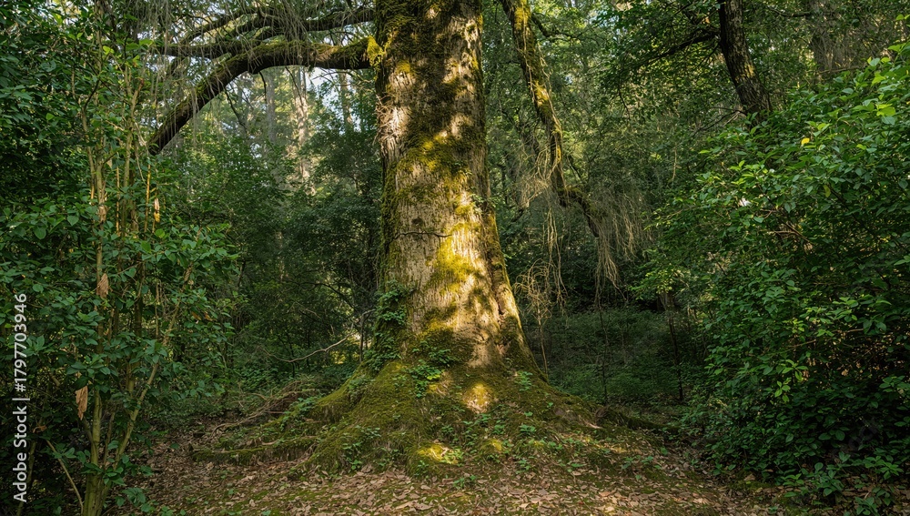 Obraz premium Moss-Covered Tree Surrounded By Forest, erosion risk