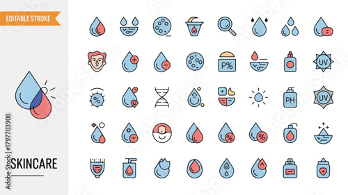 Skincare Icons with Drops Sun UV Protection and DNA Symbols UV protection