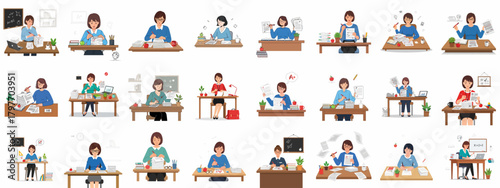 Vector bundle of female teachers grading exams and homework, busy working at their desks, representing the educational profession and heavy workload.