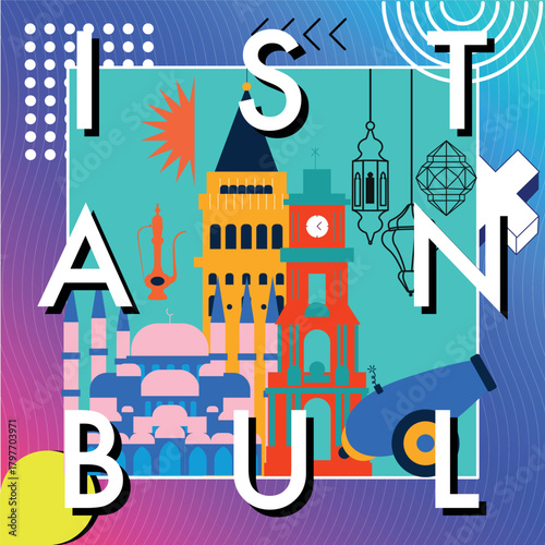 Istanbul culture travel set, famous architectures and specialties in flat design. Business travel and Memphis concept isolated on white background. Image for presentation, banner, website, app, advert