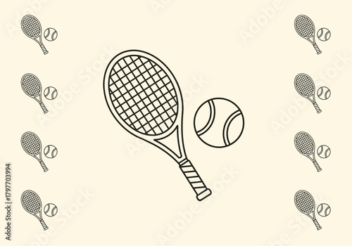 Black and white doodle pattern of tennis rackets and balls on a cream background