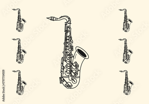 Black outline drawing of one large and six small saxophones on a pale background