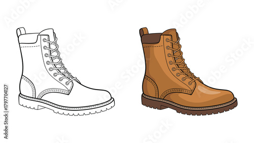 Detailed Illustration of a Brown Leather Work Boot and its Outline shoe