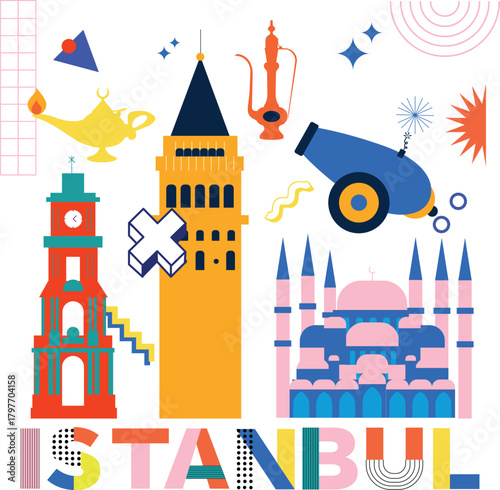 Istanbul culture travel set, famous architectures and specialties in flat design. Business travel and Memphis concept isolated on white background. Image for presentation, banner, website, app, advert