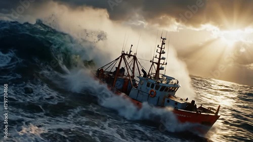 A fishing trawler fights epic rogue waves during a powerful violent ocean storm.