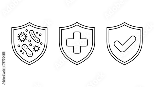Immunity and health protection icons with germ shield, medical cross, and checkmark, symbolizing defense and safety.