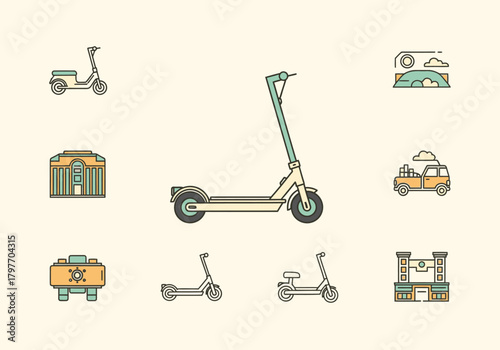 Collection of flatdesign icons featuring electric scooters and urban elements