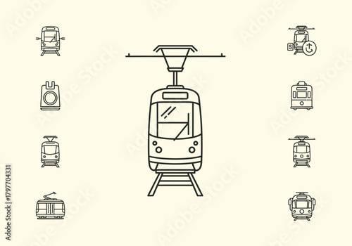 Collection of line art icons depicting various tram and streetcar front and side views