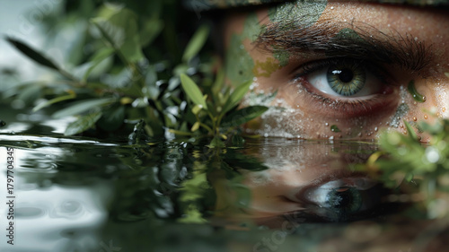 a soldier's eye, detailed with camouflage paint and rough skin, reflecting water and plants.