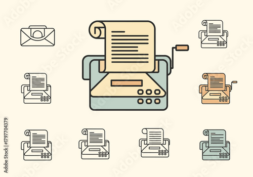 Collection of stylized icons depicting historical communication devices like teletypes or fax machines