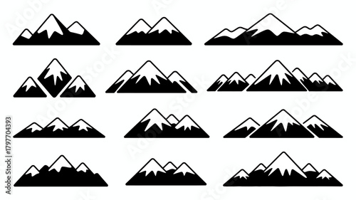 Mountain range landscape icons set with snow capped peaks, outline vector symbols for nature, travel, adventure designs