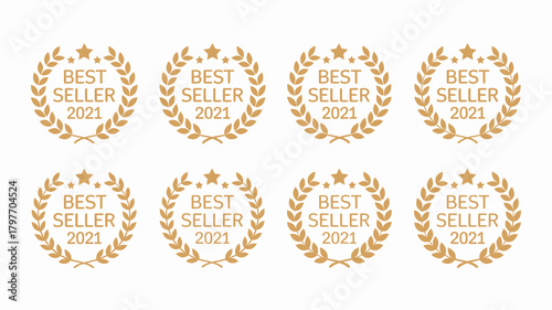 Best seller 2021 golden laurel wreath badges with stars, representing top product achievement and success in commerce