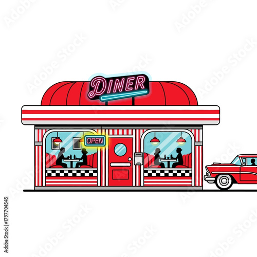 Step back in time with this vintage diner scene complete with classic car and neon sign, ready for your retro-themed designs and nostalgic projects