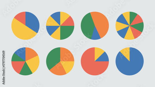 Colorful pie charts showcasing data visualization and statistical analysis. eight distinct circular graphs for infographics.
