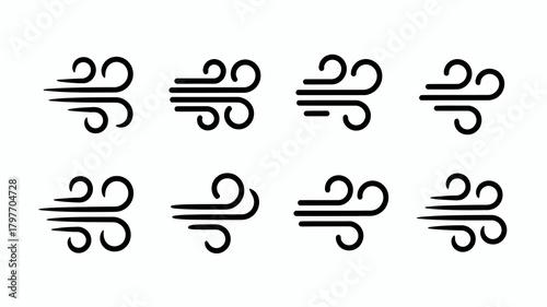 Collection of flat black wind icons and breeze symbols, representing air movement and weather, on an isolated background