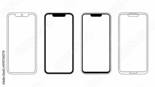 Outline vector illustrations of various modern mobile smartphone devices with blank screens, ideal for app and ui mockups.