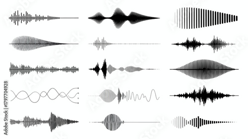 Diverse collection of abstract sound wave forms, audio spectrums, and digital music visualization elements for technology and communication.