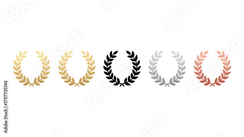 Set of five laurel wreath icons in gold, black, silver, and rose gold, symbolizing victory, award, achievement, and excellence.