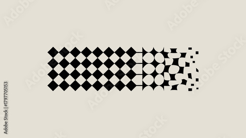 Abstract geometric pattern transformation: checkerboard diamonds evolving into distorted round shapes then dissolving into pixels