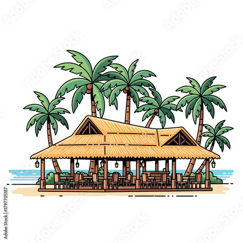 Escape to Paradise at this Stunning Beachside Restaurant with Palm Trees and Ocean Views, Perfect for Travel Brochures or Resort Advertising