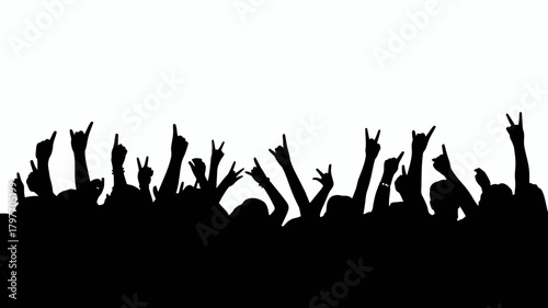 Energetic concert crowd silhouette with raised hands showing rock and roll gestures, celebrating live music festival performance.