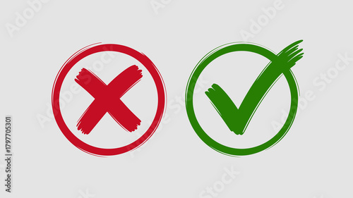 Hand drawn red cross mark and green check mark symbols in circles for approval, denial, right or wrong choice.