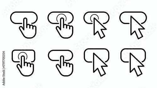 User interface toggle switch interaction icons with hand and mouse cursors, showing click, tap, and off/on states