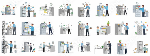 Office Management and Filing Illustration Set: Professionals organizing documents, sorting reports, and working with business records in filing cabinets.