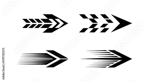Collection of abstract black speed arrows with dynamic designs representing forward progress, quick movement, and digital direction