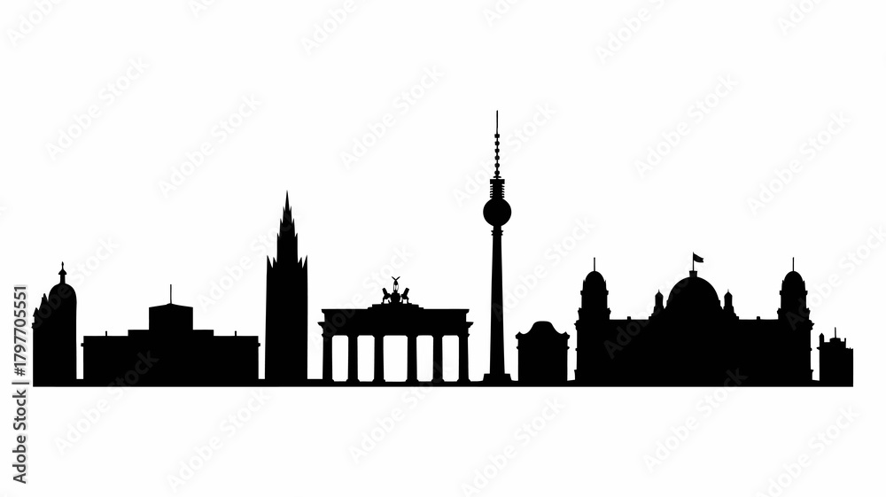 Naklejka premium Berlin city skyline silhouette, a detailed horizontal panoramic illustration showcasing germany's iconic capital landmarks and architecture.