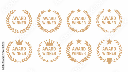 Award winner golden laurel wreath icons set. collection of achievement, victory, champion, and quality recognition symbols.
