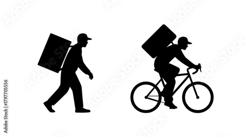 Courier service workers silhouettes: delivery person walking with a package and a cyclist delivering parcels swiftly.