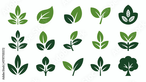 Diverse green leaf and plant icons set, representing nature, growth, ecology, organic products, and sustainable living concepts.