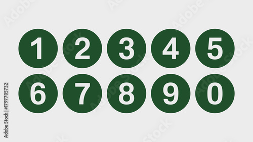 White digits zero to nine in dark green circular buttons, arranged in two rows, symbolizing numbers, counting, and numerical concepts.